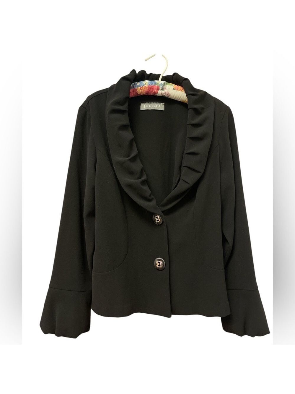 Jolibel L black 2 button shawl collar puffy cuffs stretch crop blazer